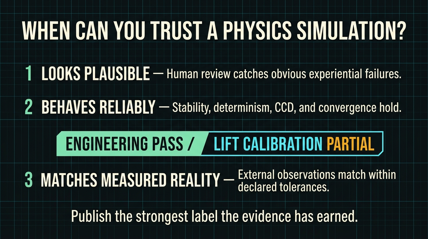 A three-level validation ladder: looks plausible, behaves reliably, and matches measured reality. A split badge marks engineering pass and lift calibration partial.